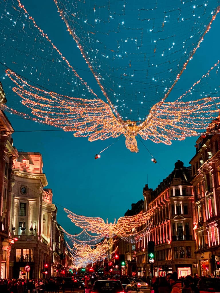 Angels in the sky during Christmas in London shot on an iPhone